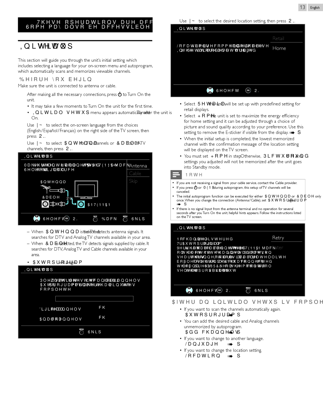 Magnavox 39MF412B Initial setup, Language 27, Location 27, Use to select the desired location setting, then press OK 